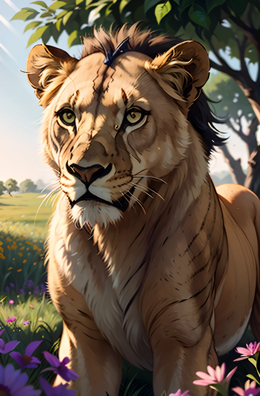 ein atemberaubendes Foto eines Solo ((lioness)) umgeben von Pflanzen auf einer Blumenwiese, Konzeptkunst in 8K-Auflösung( komplizierte Details:1.2), Sonnenlicht, (gute Qualität:1.2), Trends auf ArtStation, 8k, absurdesten, extrem detailliertes Fell, (Nahaufnahme:1.1)