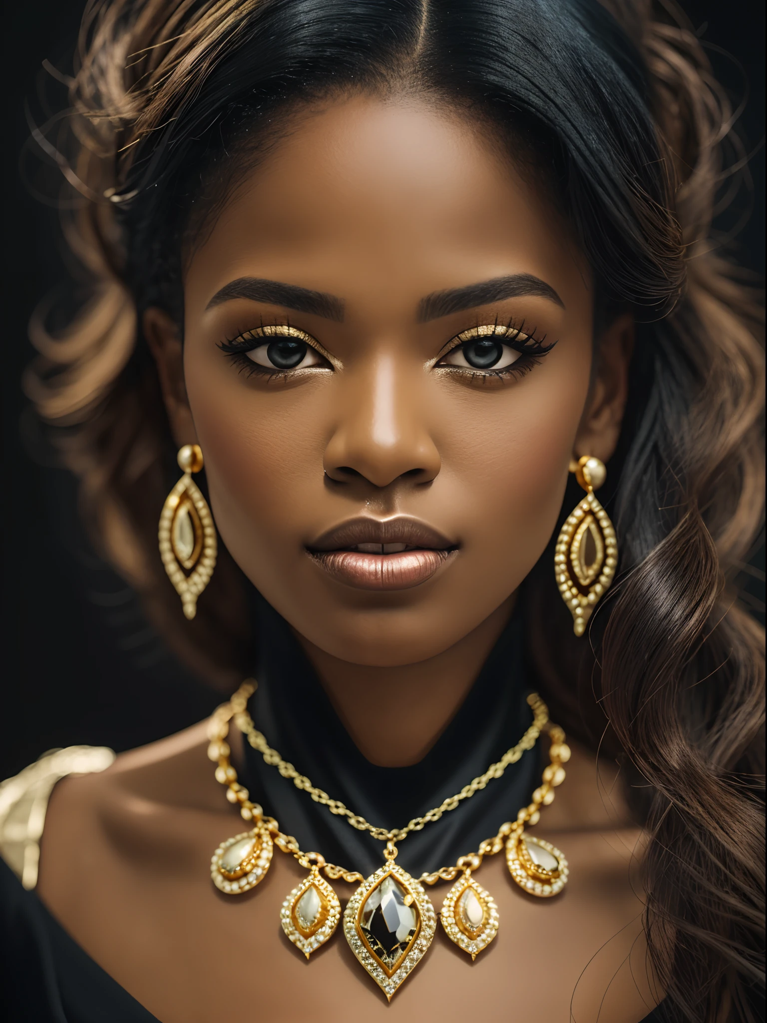 a black woman, realistic portrait, with tied up hair, shiny gold glitter makeup, with a long gold necklace and earring, with soft lighting, on a black background --auto --s2