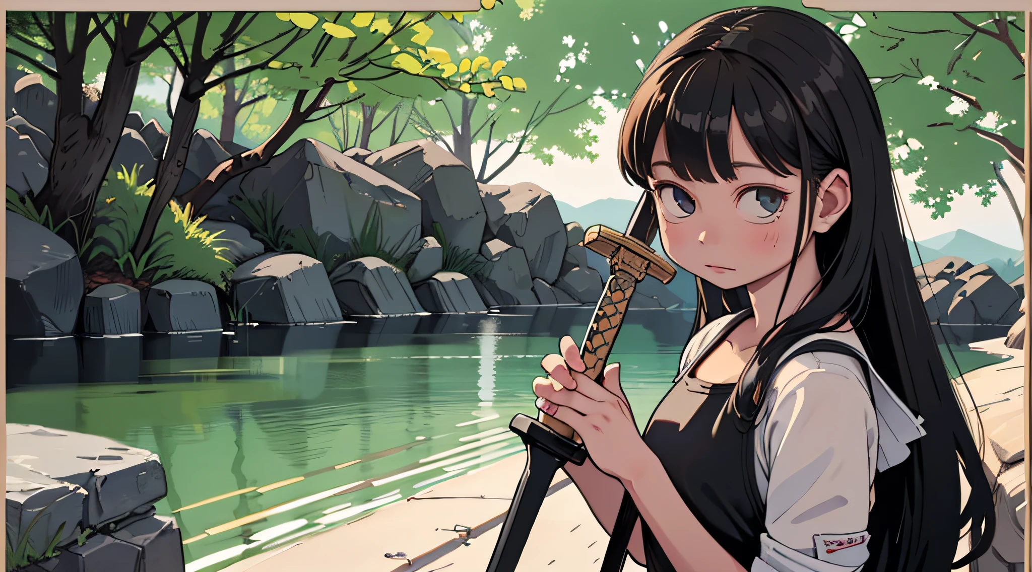 A realistic painting of a black-haired girl, depicting her serene and introspective expression, in a tranquil setting with soft colors. She holds a legendary sword, ready to face epic challenges, Oil painting on canvas, detailed brushes, --air 16:9 --v 5