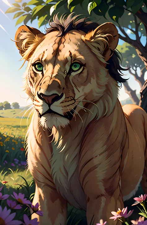 a stunning photo of a solo ((lioness)) surrounded by plants in a flower meadow, (((green eyes))), 8k resolution concept art( int...