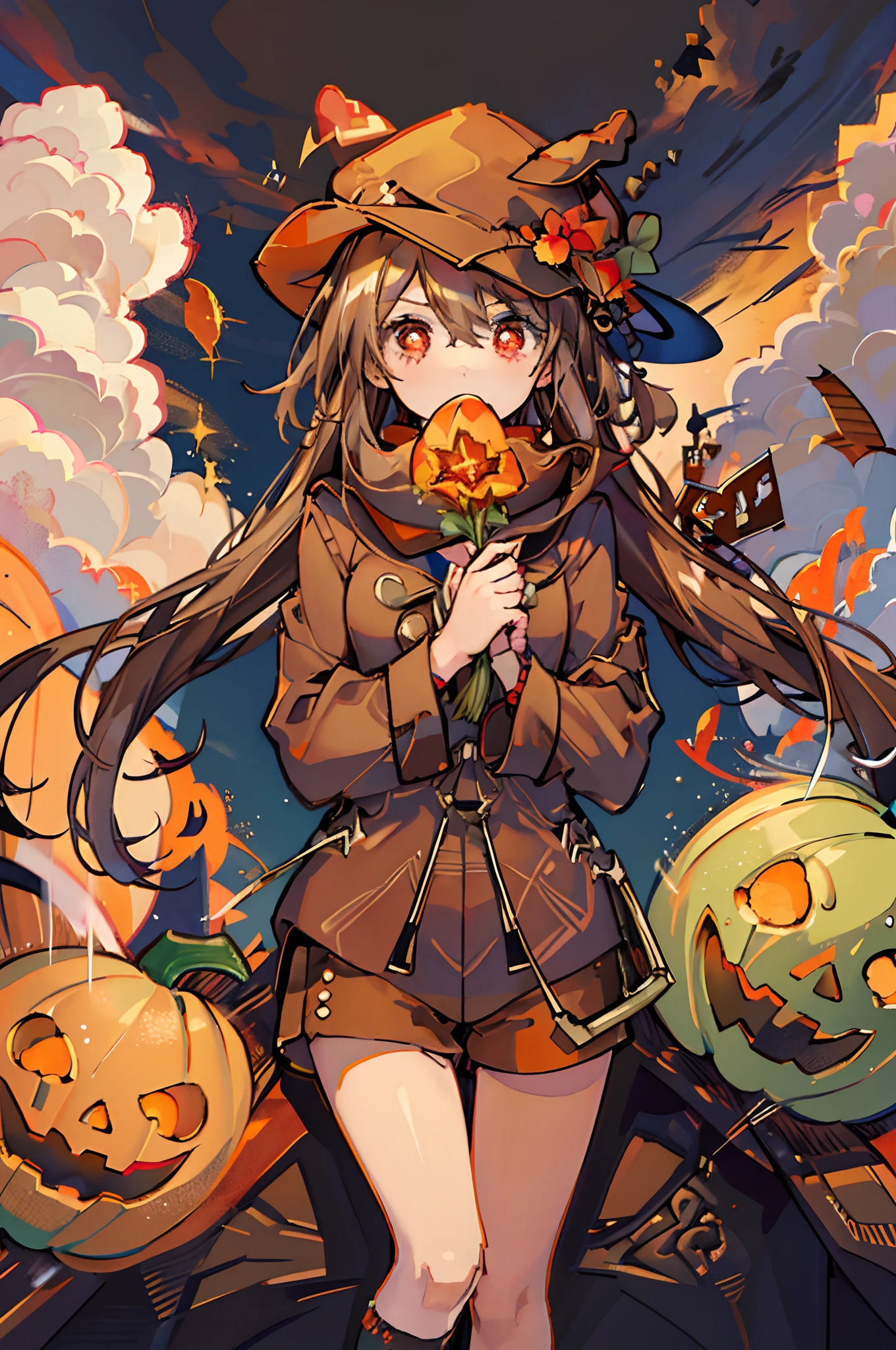 1 girl solo, brown jacket, brown shorts, white socks, long brown hair, red eyes, brown hat with red flowers, ((at the pumpkin farm, pumpkin patch, holding a pumpkin))