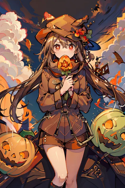 1 girl solo, brown jacket, brown shorts, white socks, long brown hair, red eyes, brown hat with red flowers, ((at the pumpkin fa...