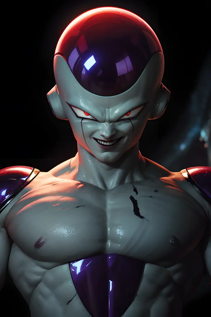masterpiece, best quality, 1boy, frieza, closeup, looking at viewer, male focus, red eyes, solo, serious, (realistic:0.4), simple background glowing red eyes, destroyed planet, evil smile, horror