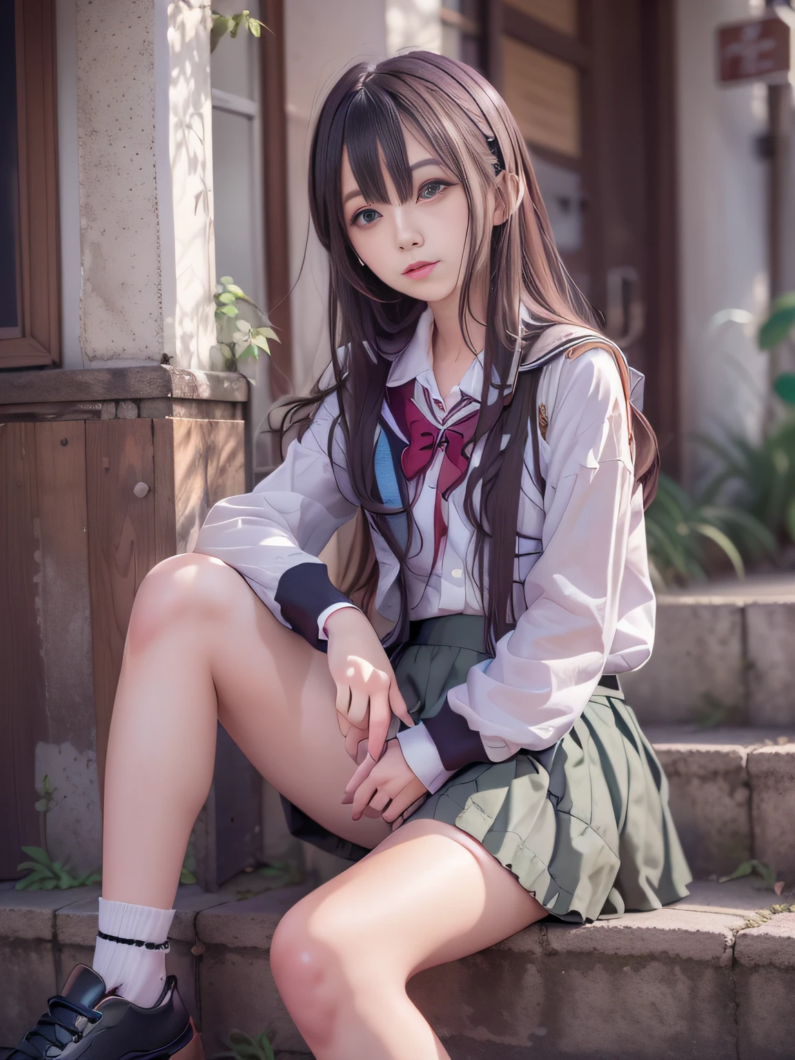 Sister sitting on the sidewalk, real life anime girl, ulzzangs, a hyperrealistic , beautiful anime high school girl, Engaging pose, Anime style mixed with Fujifilm, a japanese girl, Anime girl cosplay, Casual pose, dressed with long fluent clothes, Surreal Japan uniforms, Cute , charming anime girls, School Girl，beautiful young woman with，((smooth hair，detailed hairs，Very fine hairs)),(Knee-length skirt:1.7),1girl in,((small ,Thin leg,skinny thigh)),slim figure,extremely detailed eye and face、beatiful detailed eyes,Cool color makeup,Expro II，Lens Flare，Sharpen，cinematic shadow