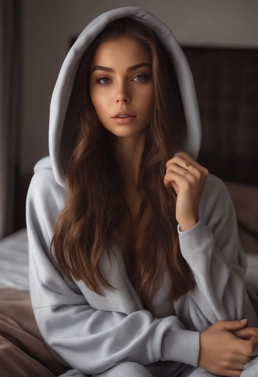 sexy girl with brown eyes, ultra realistic, meticulously detailed, portrait sophie mudd, brown hair and large eyes, selfie of a young woman, dubai eyes, violet myers, without makeup, natural makeup, face with artgram, subtle makeup, stunning full body shot kneeling on bed, in bedroom, medium to large size bust, no blur, realistic, sitting in car, camera glare, realistic lighting, wear hoodie, age 18, close up