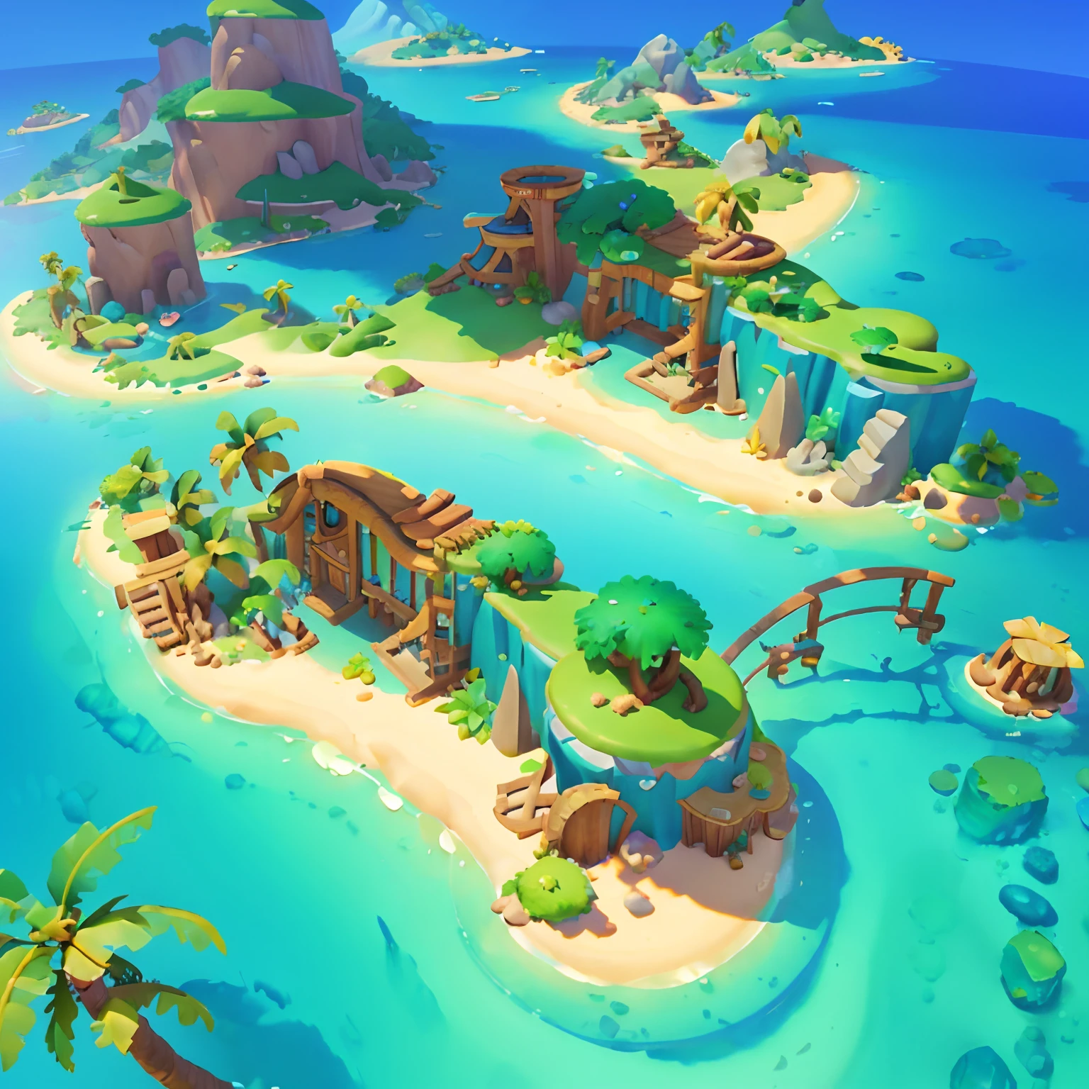 Bright, (tropical island: 1.2), (mountains: 1.2), palm trees, warm sunlight, daytime, wood, fantasy style, (isometric viewing angle: 1.2), simple background, white background, concept art, by Pixar , hyper HD, masterpiece, super detail, best quality