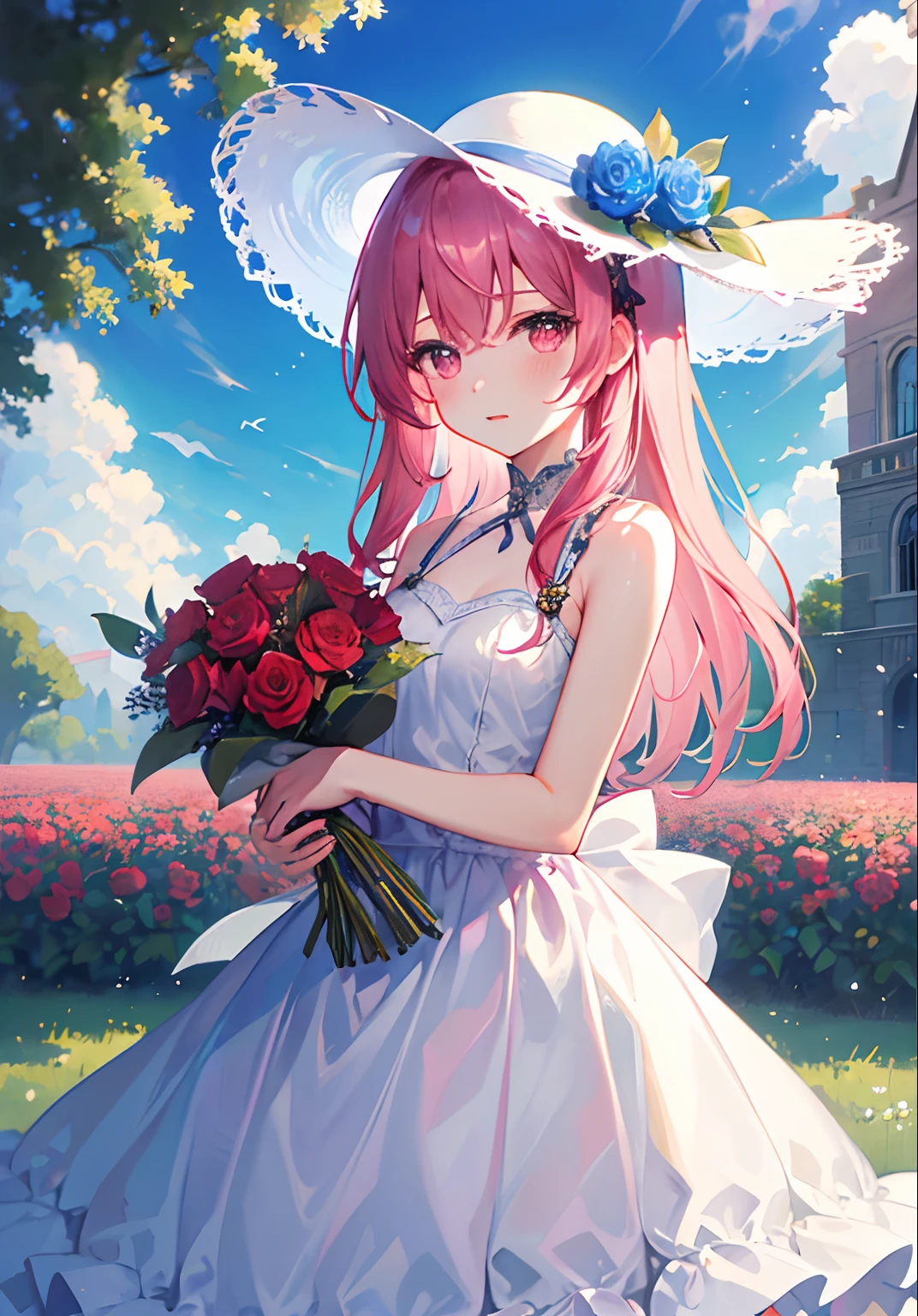 ((masterpiece, best quality)), 1girl, flower, solo, dress, holding, sky, cloud, hat, outdoors, bangs, bouquet, rose, expressionless, blush, pink hair, flower field, red flower, pink eyes, white dress, looking at viewer, midium hair, holding flower, small breasts, red rose, holding bouquet, sun hat, white headwear, depth of field,