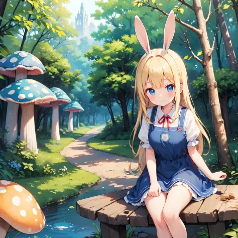 ((Blue Apron Dress)), Red rabbit ear ribbon, Beautiful blonde, (1 beautiful girl), mystical forest, large mushroom,ighly detaile...