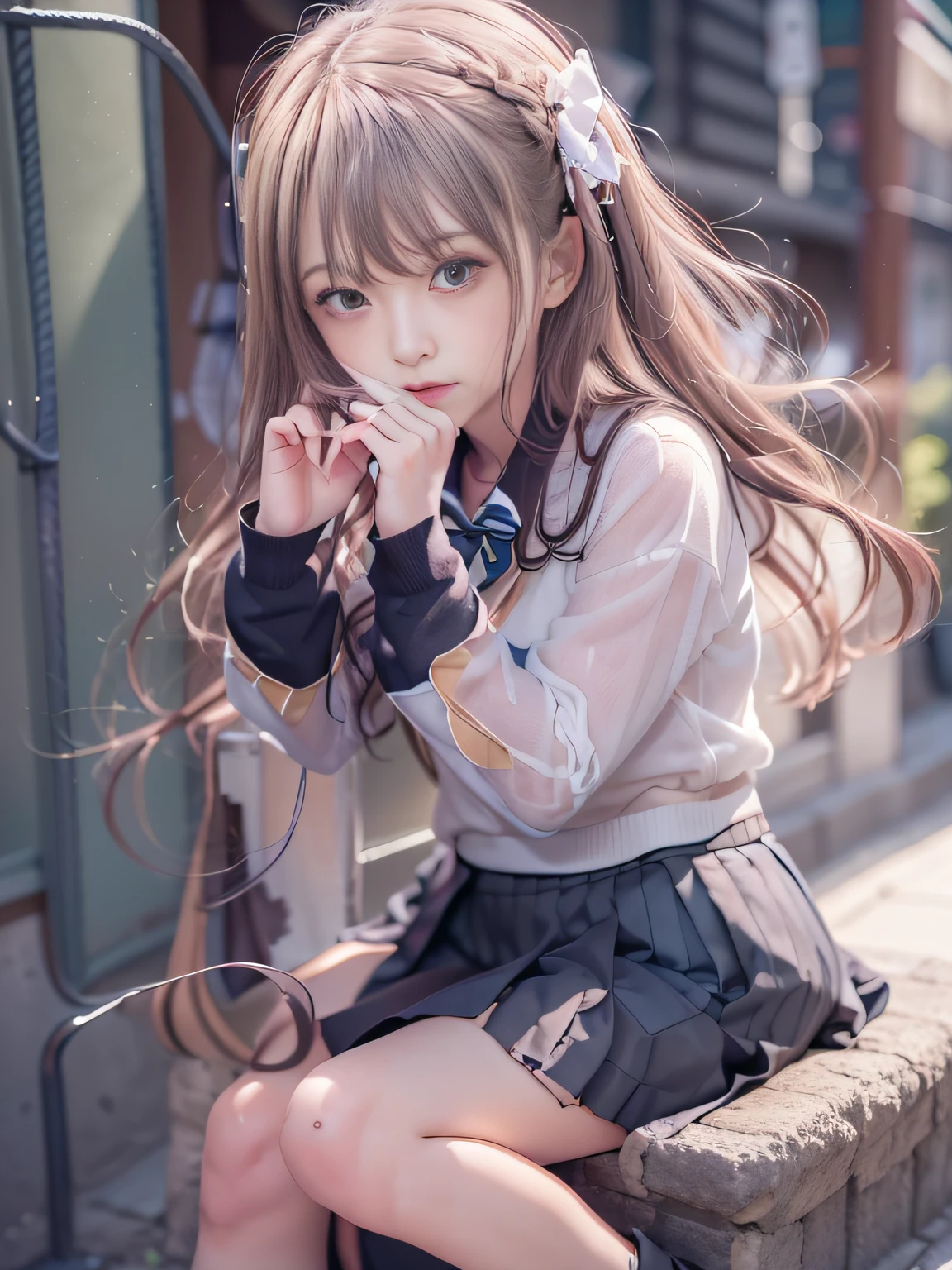 FULL ANATOMY,Sister sitting on the sidewalk, real life anime girl, ultimate beauty girl，Correctly in anatomy，goddess of Japan, a hyperrealistic schoolgirl, beautiful anime high school girl, Engaging pose, Anime style mixed with Fujifilm, a japanese girl, Anime girl cosplay, Casual pose, dressed with long fluent clothes, Surreal Japan uniforms, Cute Schoolgirl, charming anime girls, School Girl，beautiful young woman with，((smooth hair，detailed hairs，Very fine hairs)),(Knee-length skirt:1.7),1girl in,((small tits,Thin leg,skinny thigh)),slim figure,extremely detailed eye and face、beatiful detailed eyes,Cool color makeup,Expro II，Lens Flare，Sharpen，cinematic shadow