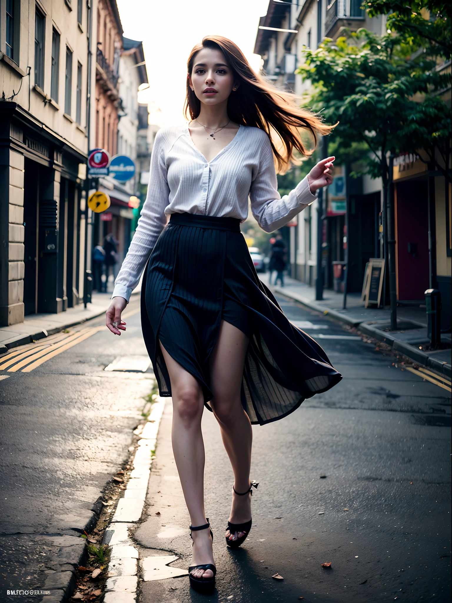 Arafed woman walking down a street in a skirt and heels - SeaArt AI