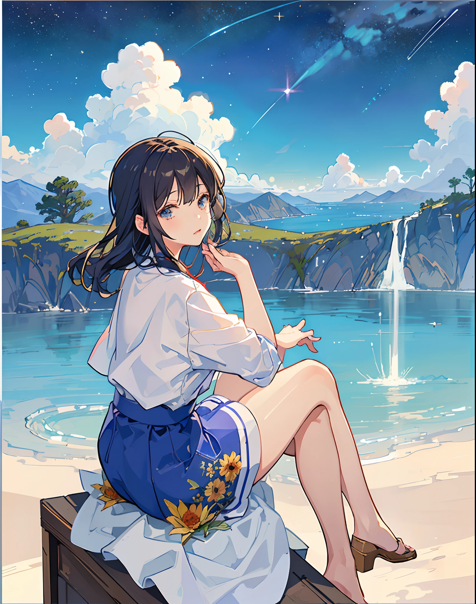 best quality, masterpiece, extremely detailed, detailed background, anime, 1girl, young girl, short girl, sci-fi, science fiction, outdoors, night, starry sky, greenhouse, megastructure, bio-dome, landscape, scenery, horizon, rooftop, sitting on rooftop, wind, looking away, atmospheric lighting, solo focus, close up, from side, depth of field, bokeh