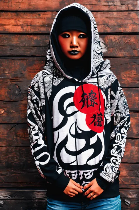 creat steetwear design, evil FEMALE japanese mitology, kanji, traditional, pattern, letter, magic, full color, sad, frustrated, dark, deep, dark hood, cry,