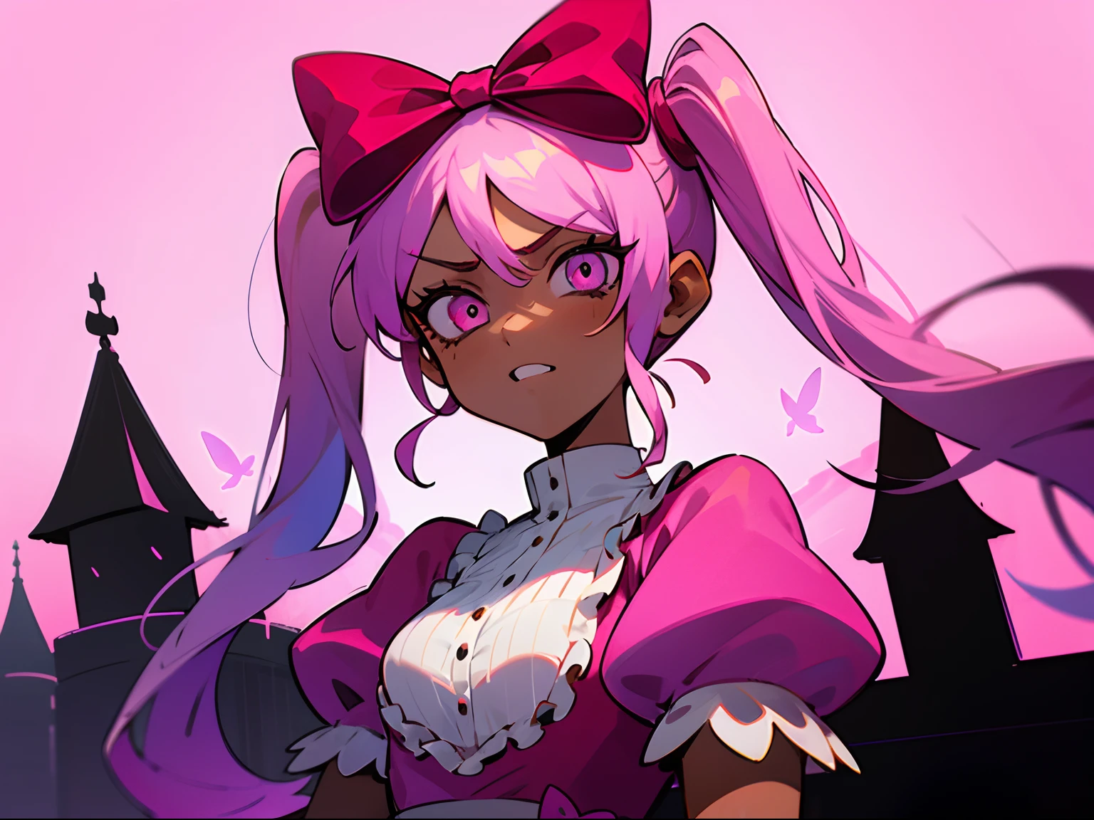 girl, pink colored hair, pink colored eyes, pink colored dress, dark skin color, maniac expression, psychopath face, pink colored butterfly bow, pigtails, castle background, 1 girl, anime art style, omori art style