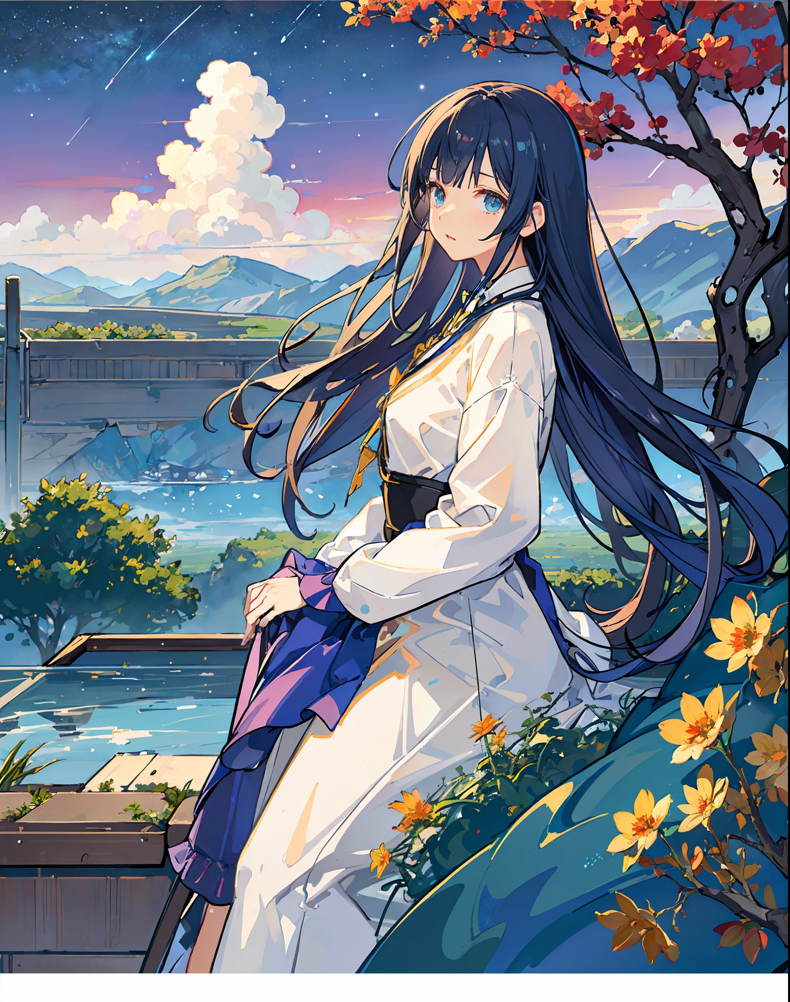 best quality, masterpiece, extremely detailed, detailed background, anime, 1girl, young girl, short girl, sci-fi, science fiction, outdoors, night, starry sky, greenhouse, megastructure, bio-dome, landscape, scenery, horizon, rooftop, sitting on rooftop, wind, looking away, atmospheric lighting, solo focus, close up, from side, depth of field, bokeh