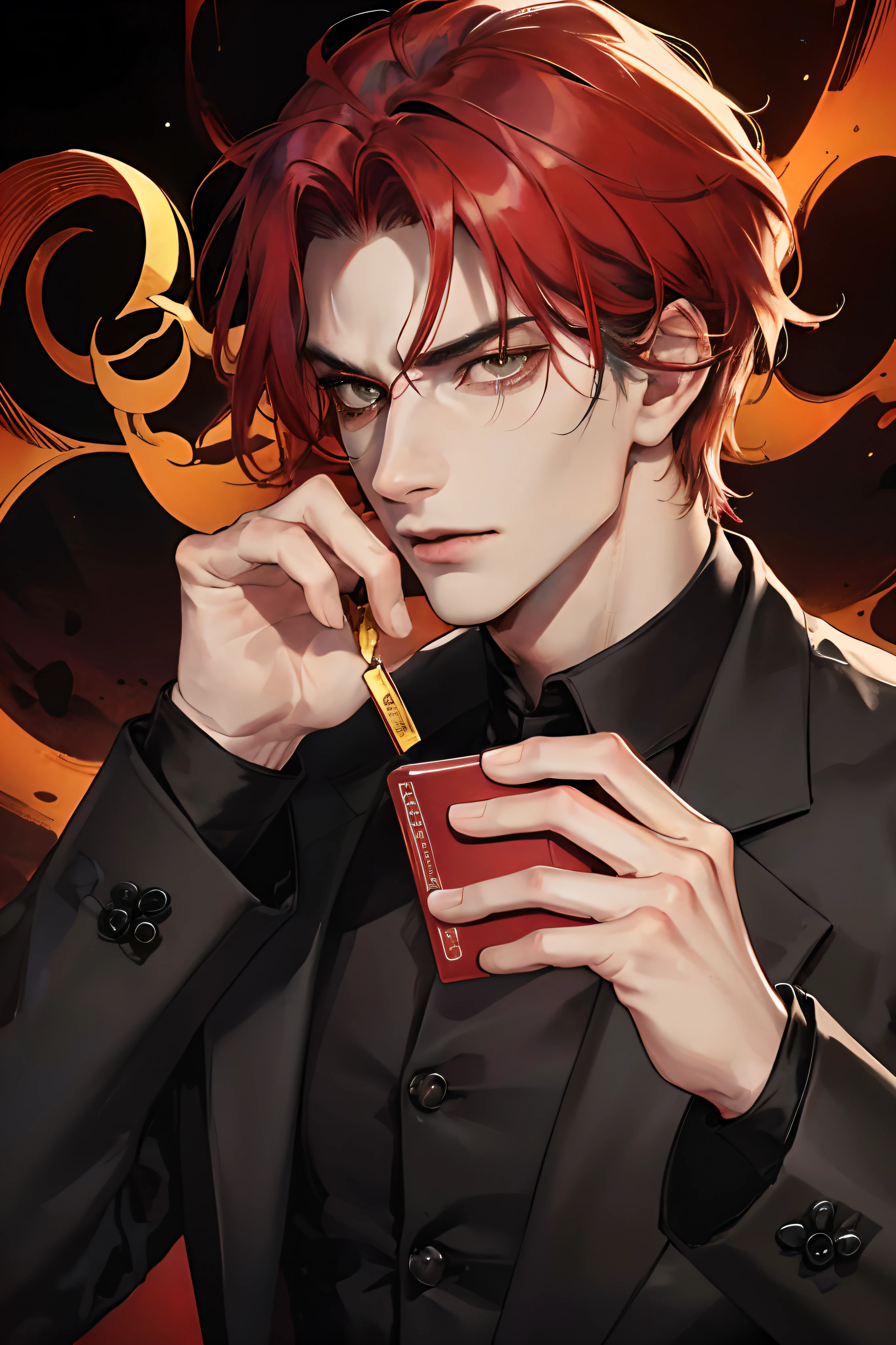 Anime guy with red hair and black suit holding a red book - SeaArt AI