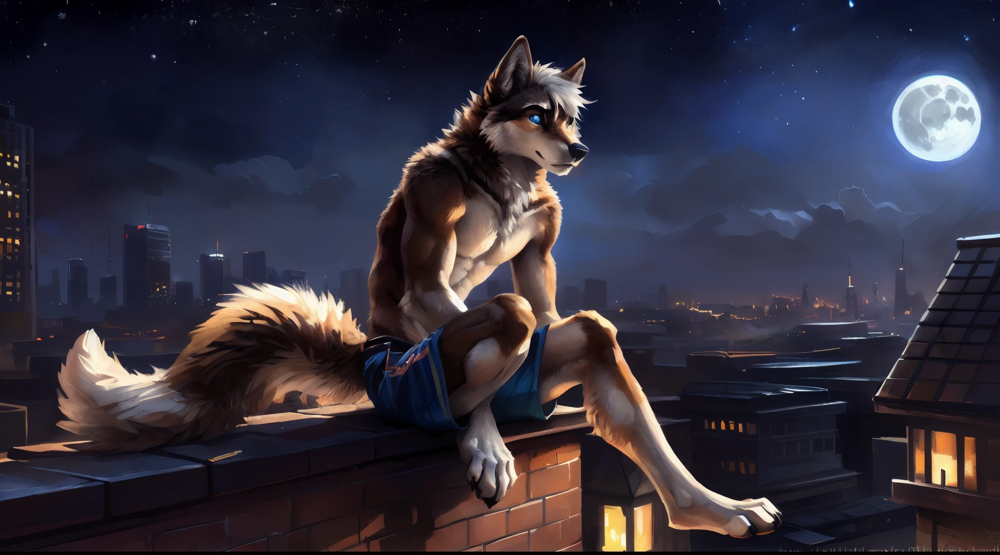 ((Solo)), male people, anthro wolf, (Multi-colored fur, White-brown:1.3), ((Wolf face, White hair, Big eyes, White eyelids, Blue pupil, Slim:1.2) (Tough, Calm expression:1.2)), Abs, Slim, pinging)), (Correct anatomy), (Work shorts:1.1), (Contour bone:1.2), The upper body is naked, (detailed outfits),A big tail，Feet，Longer legs，(Realistic fur, Detailed fur texture, labeled:1.3)), (Natural lighting), Photorealistic, Hyperrealistic, ultradetailed, by Kenket，In the modern city，Roof，the night，Sit alone，Look at the full moon，It was dark，Starry