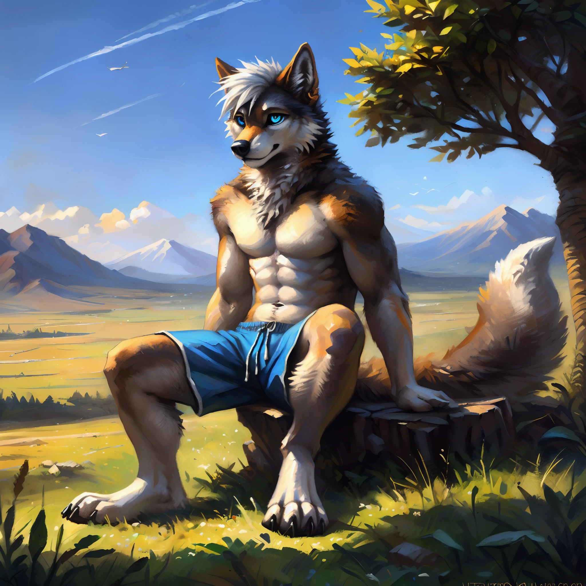 ((Solo)), male people, anthro wolf, (Multi-colored fur, White-brown:1.3), ((Wolf face, White hair, Big eyes, White eyelids, Blue pupil, Slim:1.2) (Tough, Calm expression:1.2)), Abs, Slim, pinging)), (Correct anatomy), (Work shorts:1.1), (Contour bone:1.2), The upper body is naked, (detailed outfits),A big tail，Feet，(Realistic fur, Detailed fur texture, labeled:1.3)), (Natural lighting), Photorealistic, Hyperrealistic, ultradetailed, by Kenket，Endless grasslands，No buildings，erect through