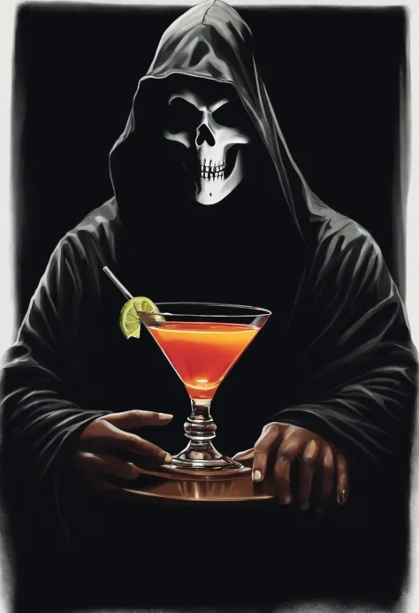 Ghostface wearing a black hood and holding a cocktail glass