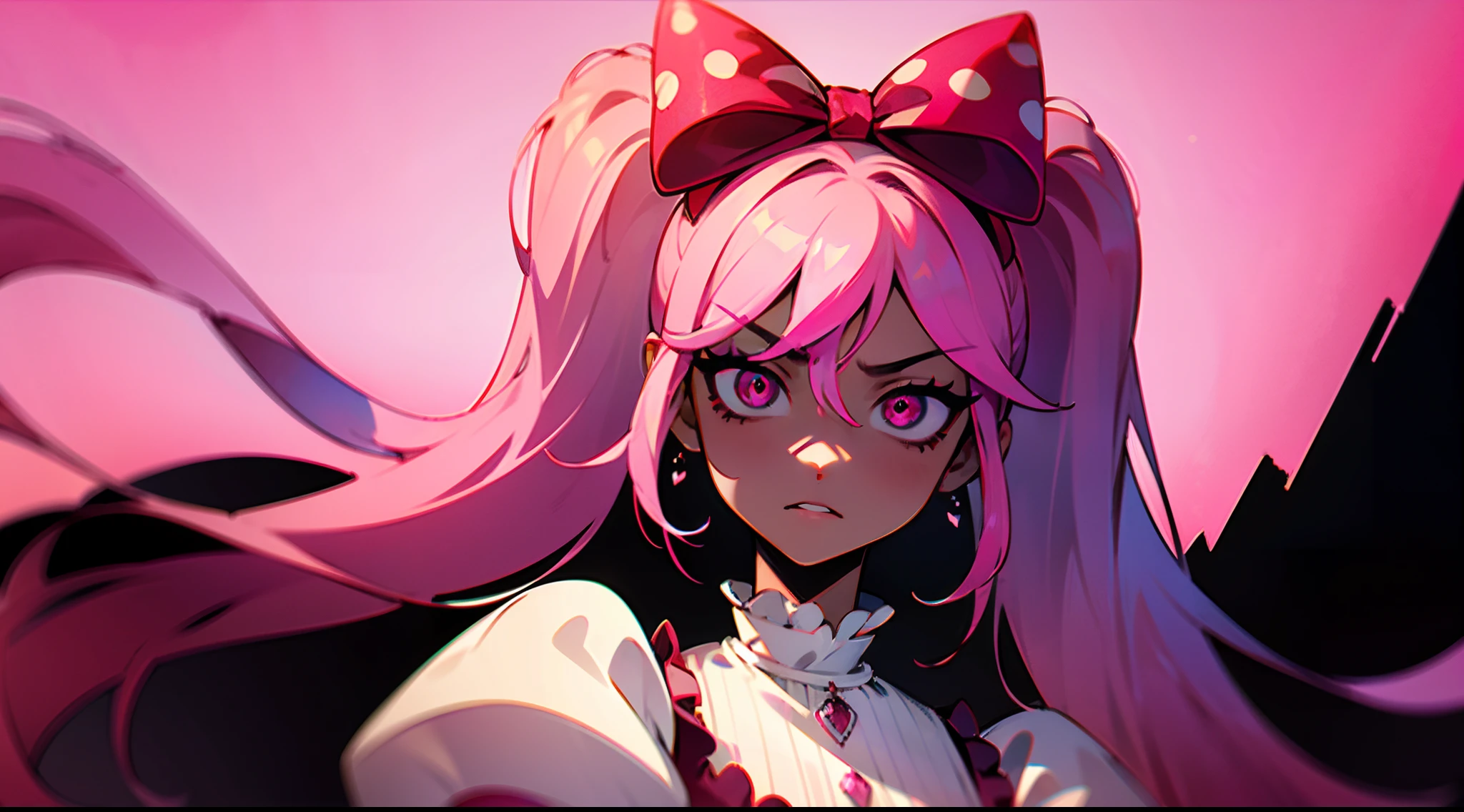 girl, pink colored hair, pink colored eyes, pink and white colored dress, pink clothes, tanned skin color, maniac expression, psychopath face, pink colored  bow with white spots on bow, pigtails, ((dark castle background)), 1 girl, anime art style, omori art style, detailed eyes, detailed lips, strong expression, dark pupils, dark shade over face, bokeh, sharp focus, pink color palette, vivid colors, scary ambience, scary environment, 4K masterpiece, UHD, HDR