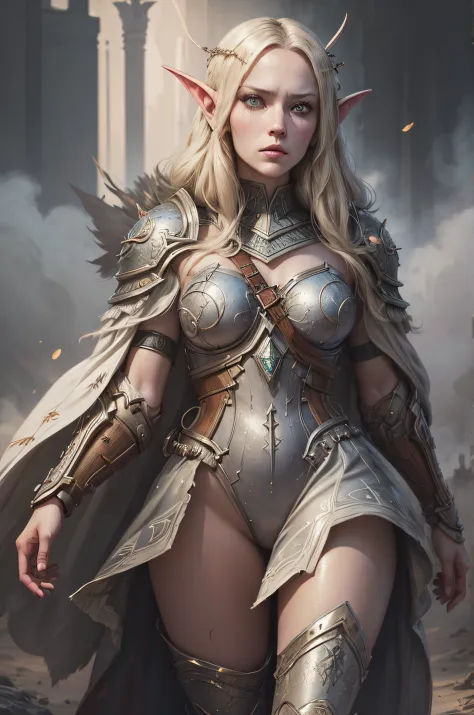 an adult girl stands on the battlefield, after the battle, elven warriors stand on the battlefield, detailed digital anime art, ...