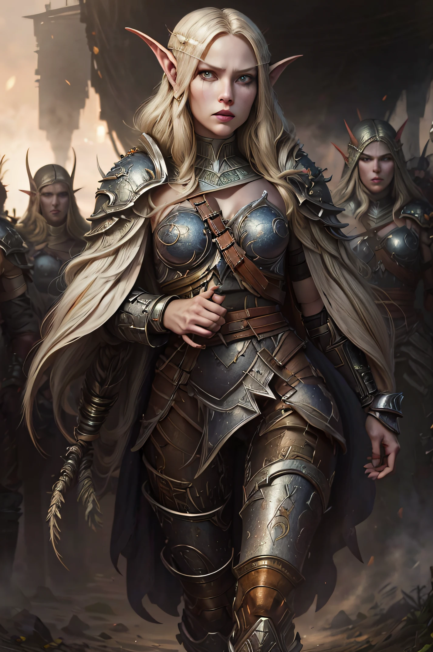 An adult girl stands on the battlefield, After the battle, Elven warriors stand on the battlefield, detailed digital anime art, Anime with small details, Best Quality, Masterpiece, Ultra-detailed, Beautiful, hight resolution, Original,CG 8K ультрареалистичный, perfect artwork, beatiful face, Face Clean, Skin, hyper realistic, Ultra Detailed, A detailed eye, dramatic  lighting, (Realistic) Realistic, Full HD, Best Quality, Best Quality, Beautiful lighting, (8k wallpaper of extremely detailed CG unit), High Details, sharp-focus, The art of dramatic and photorealistic painting