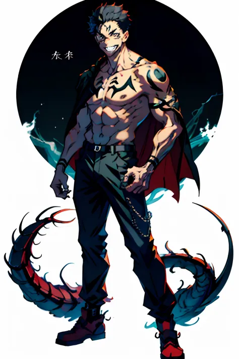 (masterpiece, best quality:1.2), full body shot, male focus, 1boy, sukuna variation black hair, very big menacing smile, white tactical sorcerer outfit with cape , tattoo_on_his_face, tattoo_ryoumen, hands in the pocket,standing on a dead dragon, black ski...