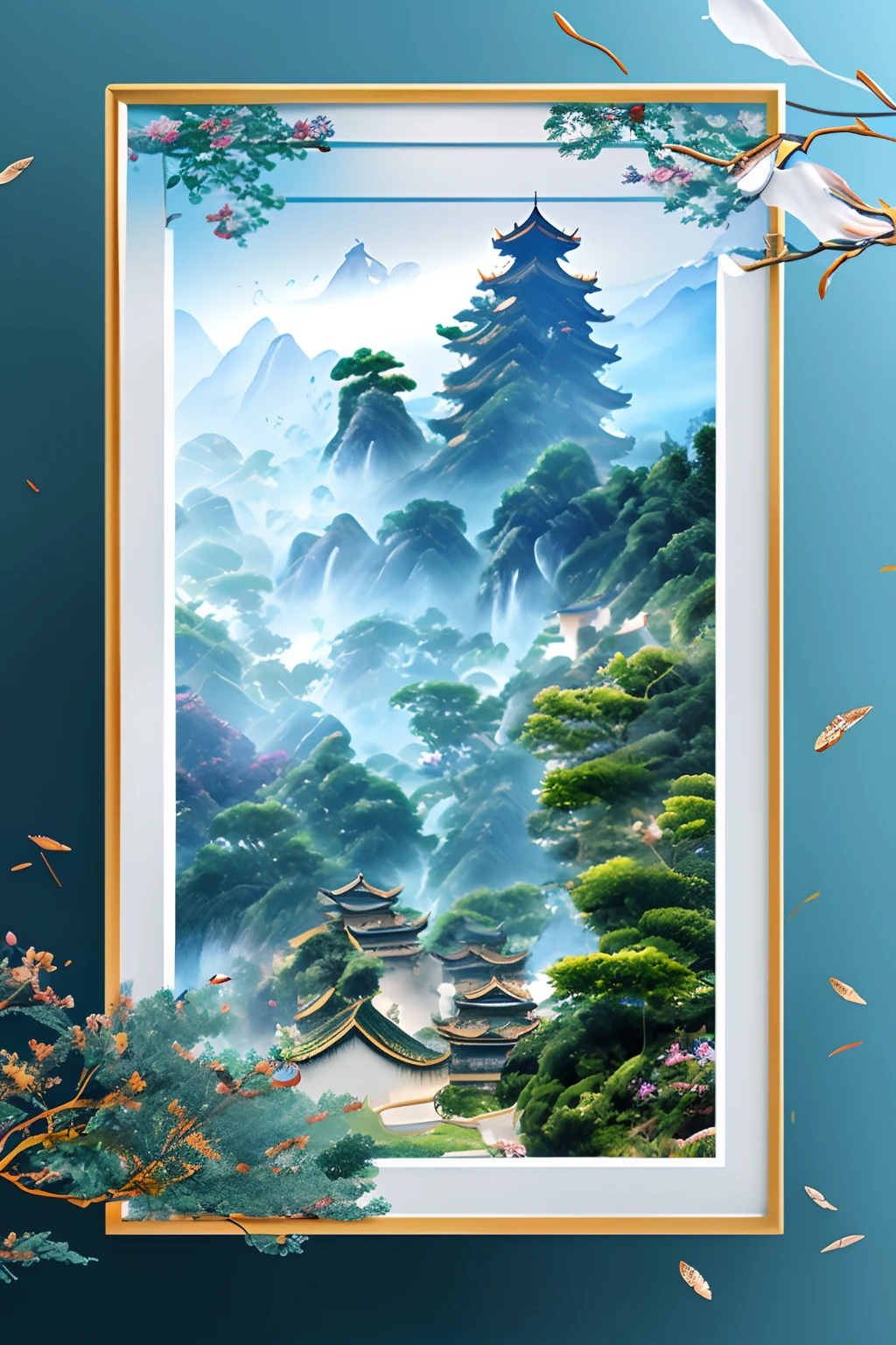 Chinese architecture,gardens,mountain water,Sea of Clouds，4K Ultra HD, Ultra-high resolution, (Photorealistic: 1.4), Best quality，tmasterpiece，（pastel colour：1.2）