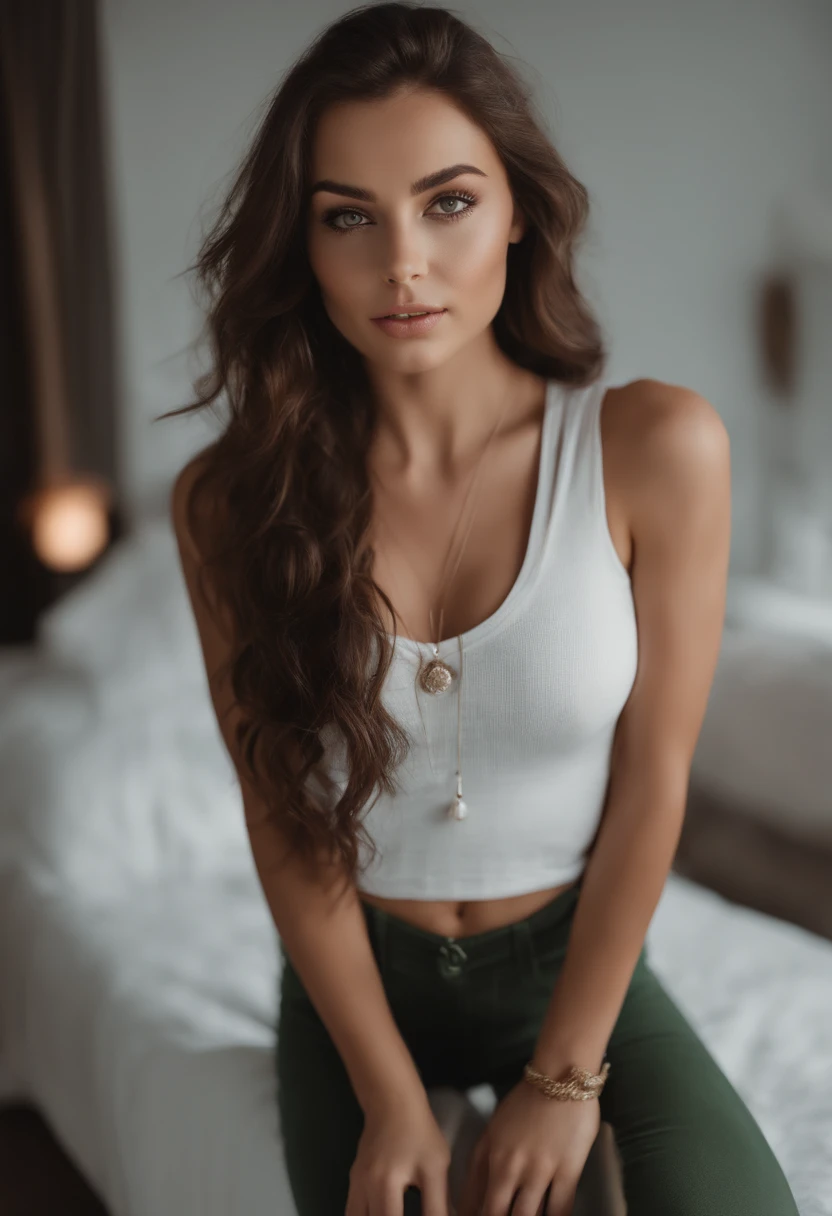 arafed woman with a white tank top and a necklace, sexy girl with green eyes, portrait sophie mudd, brown hair and large eyes, selfie of a young woman, bedroom eyes, violet myers, without makeup, natural makeup, looking directly at the camera, face with artgram, subtle makeup, stunning full body shot, piercing green eyes, beautiful angle, attractive pose, cute girl, sexy pose, full body picture, full body, full body shoot, brunette goddess, high detail, satisfied pose, leather pants