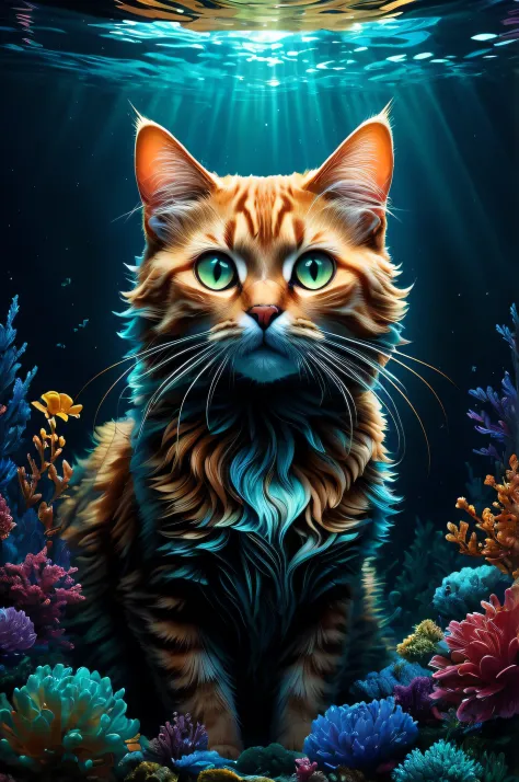 there is a cat that is sitting in the water, arte digital altamente detalhada em 4k, arte digital detalhada em 4k, pintura detal...