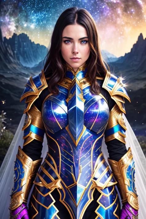 8k Medium shot of a beautiful woman in ((detailed Cosmic Armor)), (photorealistic face), ((ultra-detailed colorful armor)), pale...