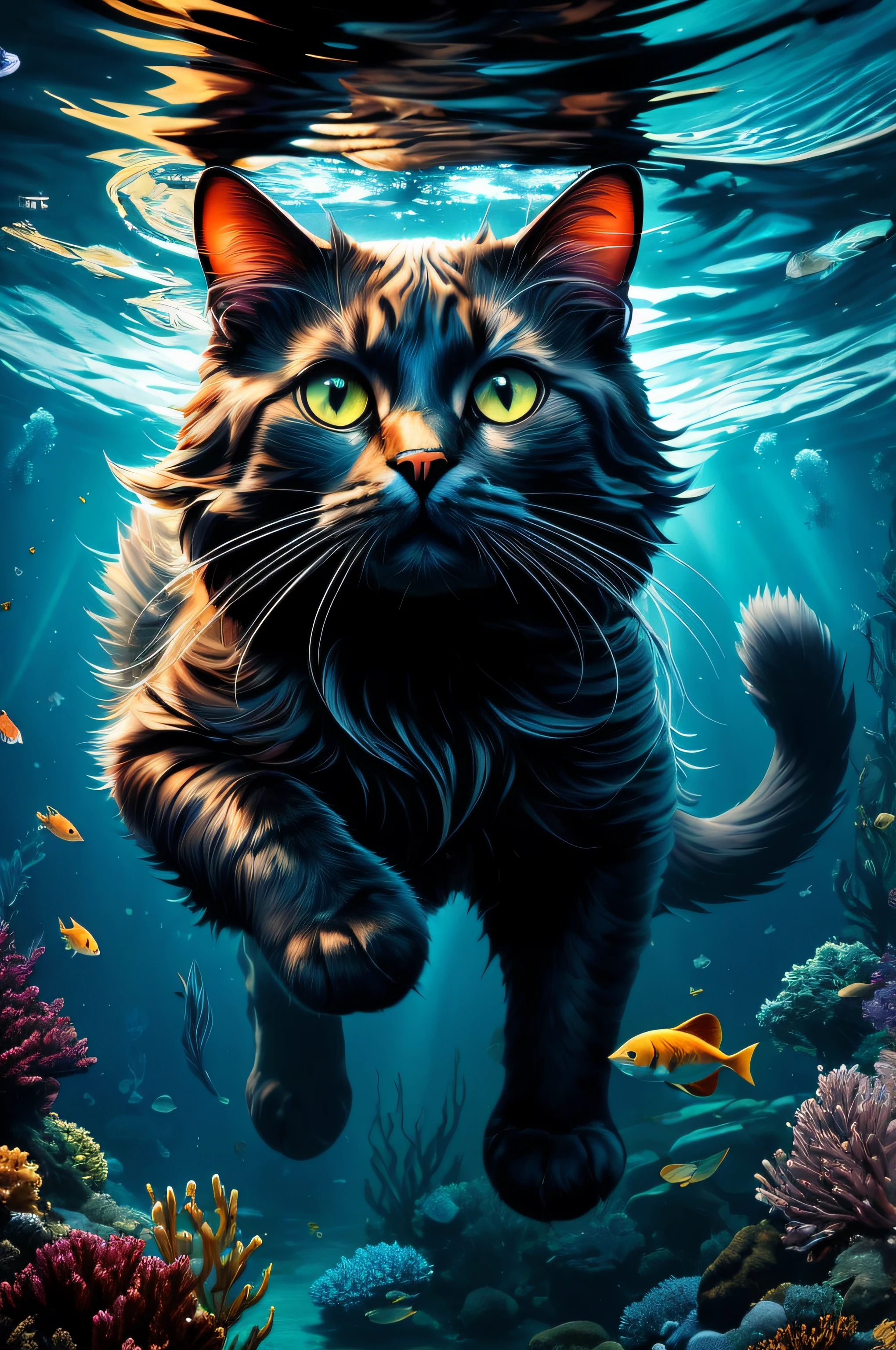 Gemälde einer Katze im Wasser mit Fischen drumherum, tolle Katze, Katze. digitale Farbe, Hochdetaillierte digitale 4K-Kunst, wallpaper tolle hintergrundbild, flüssige Katze, 4k-Hintergrundbild, 4k-Hintergrundbild, 4K-HD-Hintergrundbild mit vielen Details, Detaillierte digitale 4K-Kunst, Eine Katze, die im Wasser schwimmt, Katzen-Seepferdchen-Gestaltwandler, wunderschöne digitale Kunst, hochwertige Tapete