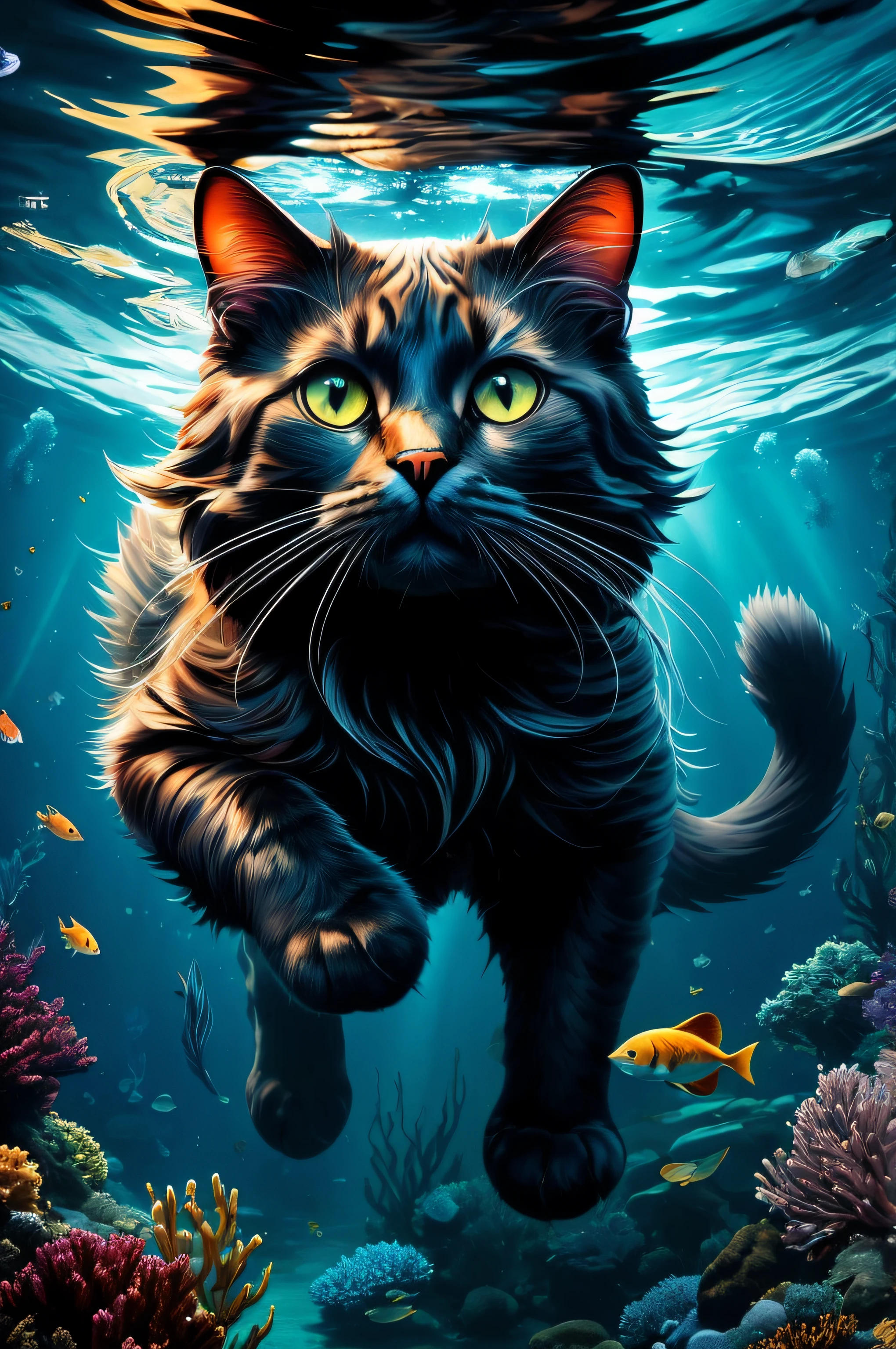 painting of a cat in water with fish around, awesome cat, Gato. pintura digital, Arte digital altamente detalhada em 4k, paper awesome wallpaper, liquid cat, papel de parede 4k, papel de parede 4K, 4 k hd wallpaper muito detalhado, Arte digital detalhada em 4k, a cat swimming in the water, Shapeshifter de cavalo-marinho gato, lindo arte digital, papel de parede de alta qualidade