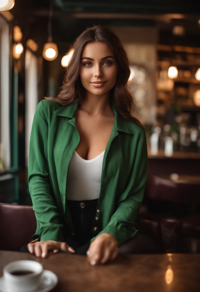 A woman sitting at a table with a cup of coffee - SeaArt AI