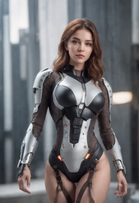 fully body photo，Wearing a mecha combat suit，Latex texture，Boots on his feet，Shiny hair，Full breasts，Muscles full of strength，Slender thighs，Full body portrait photo，Realistic graphics，Exquisite facial features，Full buttocks， (RAW photo, Highest quality, F...