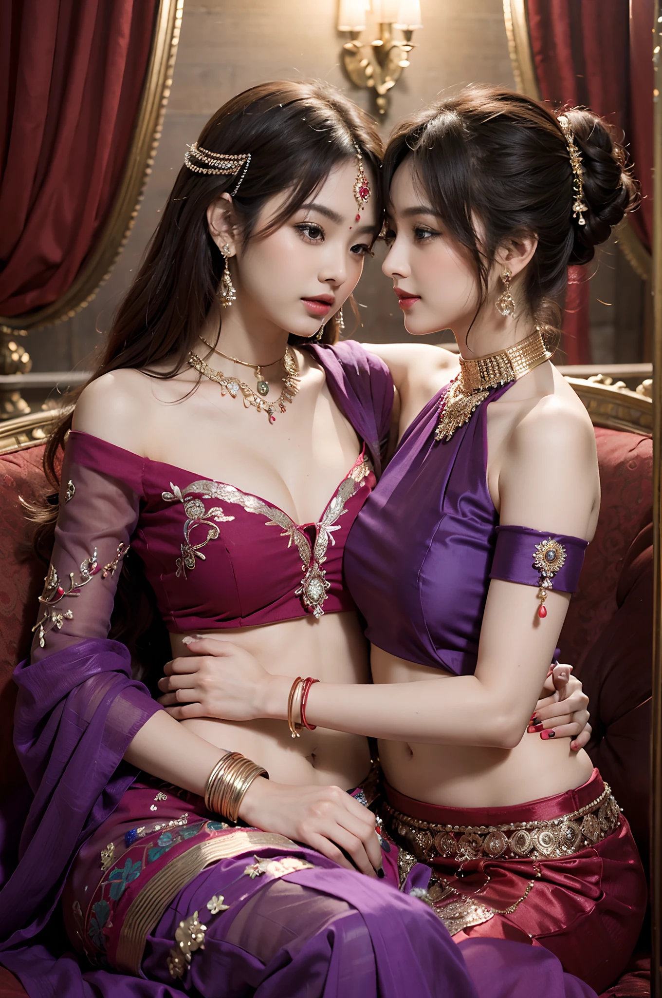 穿著紅色 lehenga 的女人, 坐在穿著紫色紗麗的女人腿上,(ulzzang-6500-V1.3,純臉_v1,辛烷渲染),優雅的姿勢,xxmix 女孩 婦女