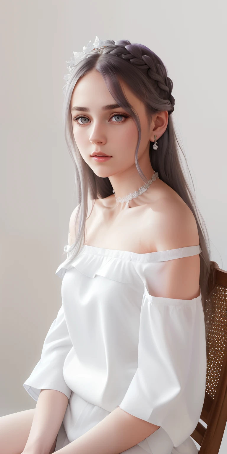 best quality,highly detailed,masterpiece,ultra-detailed,(realistic:1.2), 1girl,(white background),simple background,Delicate eyes,silver hair, purple eyes,hair_ornament,(white off-shoulder shirt:1.3),long hair,pointy_ears,crown_braid,expressionless,Straight hair,(++sitting:1.2), large breasts,