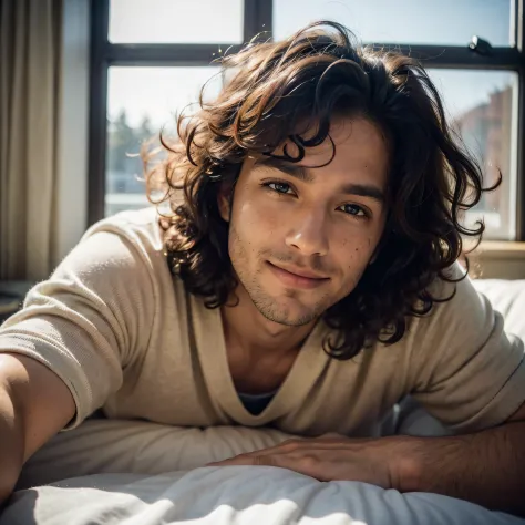 (Closeup selfie), (one man laying in bed), (head resting on a pillow: 1.3) (messy curly hair:1.3), masculine, handsome, defined ...