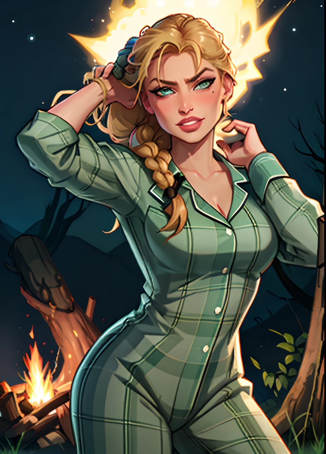 1girl, helga sinclair, both hands grabbing braid, parted lips, hands on hair, hair over right shoulder, hair in braided ponytail, large breasts , evil smirk, plaid pajamas, blushing, night, stars, forest, campfire, looking at viewer, volumetric lighting, best quality, masterpiece, realistic,