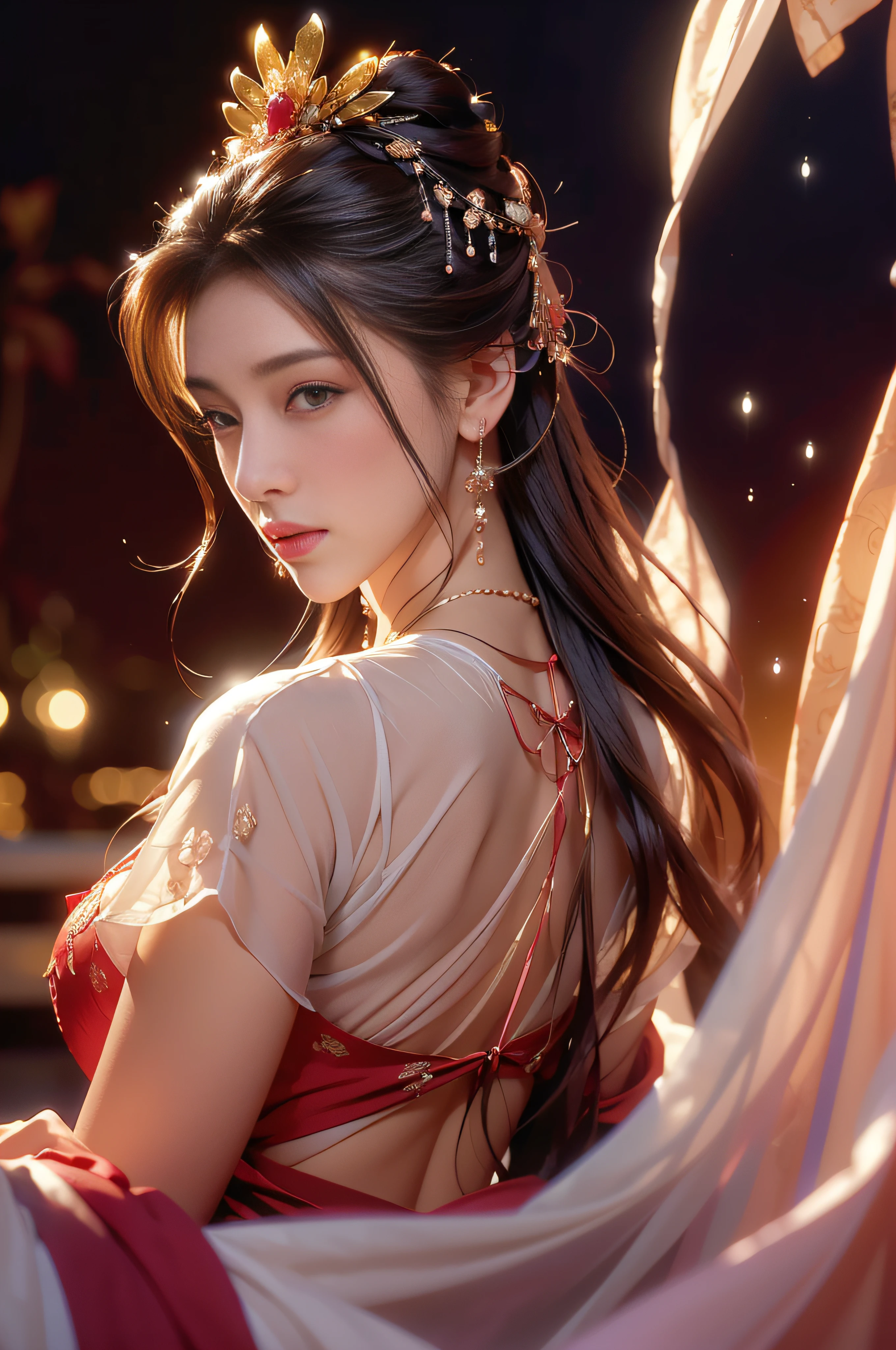Gilded Chinese Palace,looki at viewer,depth of fields,bokeh dof,light falling,((A MILF))、pregnant woman、Red dress transparent underwear、one-girl、Red shirt、a black skirt、huge-breasted、 with brown eye、(long whitr hair、brunette color hair、Very straight hair:1.4、hime-cut:1.4)、Earrings necklace、pouty、 A picture、tmasterpiece、top-quality、NFFSW、A high resolution、realistic detail、glistning skin、Mature figure、perfect women figure、Rounded chest、perfect bodies、Big breasts Thin waist、Extremely colorful、looking at viewert、hyper realisitc、From the front side、watercolor paiting、Traditional media、(color difference、intricately details)、dynamicposes、dynamic ungle、 40k、NFFSW、超A high resolution、From the angle from below、ancient Chinese costume、Ancient Chinese hairstyle、Upward hairstyle、The whole body is dressed in white silk cloth、（Close-up of raindrops in the air, Capture the world with raindrops, Distorted reflections, refracted light, The microscopic world inside each droplet, Miniature landscape, inverted image, Ethereal beauty, pause moments, translucent sphere, Distorted reality, Kaleidoscope view, Natural lenses, A glimpse of the moment, Miniature world, Raindrop Symphony, Natural interoperability, 1girl in , masutepiece, (Dynamic Angle:1.2)）
