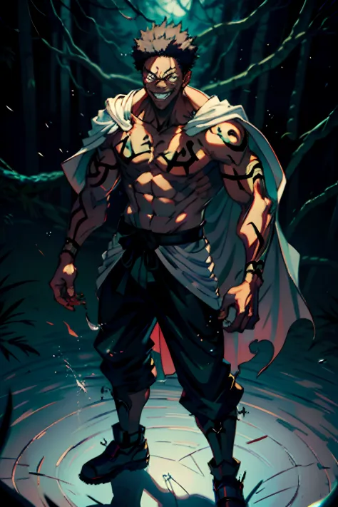 (masterpiece, best quality:1.2), full body shot, Black male focus, Black boy, Black muscular sukuna variation, Black hair, Black skin, very big menacing smile, white tactical sorcerer outfit with cape, tattoo_on_his_face, tattoo_ryoumen, hands in the pocke...