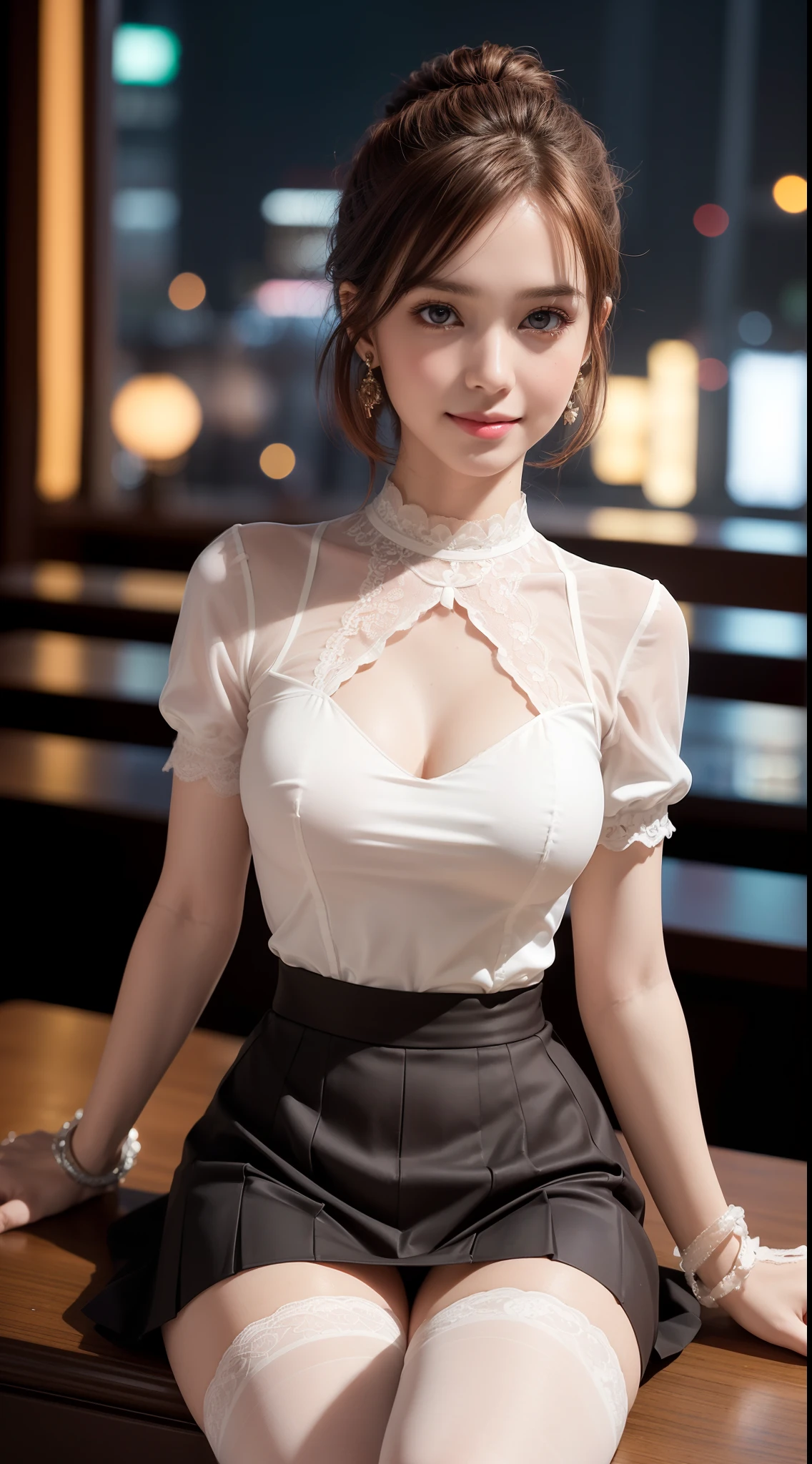 8k, masterpiece, RAW photo, best quality, photorealistic, extremely detailed CG unity 8k wallpaper, Depth of field, Cinematic Light, Lens Flare, Ray tracing, (extremely beautiful face, beautiful lips, beautiful eyes), intricate detail face, ((ultra detailed skin)) 1girl, in the dark, deep shadow, pretty Asian girl, idol, 1 girl, (very slim slender fit-muscled body:1.3), ((looking at viewer)),(big smile:1.3), (tight laced blouse), ((white color blouse)), (short sleeve) , (city night, dark night, (neon sign), (blurred background), dim lights, cityscape, rooftops, cafeteria, coffee shop, big windows, sitting on chair, coffee tables, beautiful earrings, bracelets, necklace, pantyhose, clear eyes, (pale skin), (big eyes), face forward, ((upper body shot)), (silk red color skirt), (brown hairs),((laced skirt)), (looking at viewer:1.3), open breast, (very slim), medium breasts,((flooming laced)), updo hair, mini skirt, short hair, (laced black stockings), short skirt