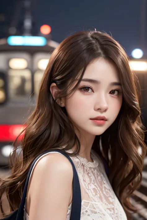 1womanl、Early 20s、(Strong-willed super beautiful woman)、(ultra beautiful faces)、Wearing makeup、Wavy brown hair、Standing on the station platform in the big city at night、Background is a stationary train、Shallow depth of field