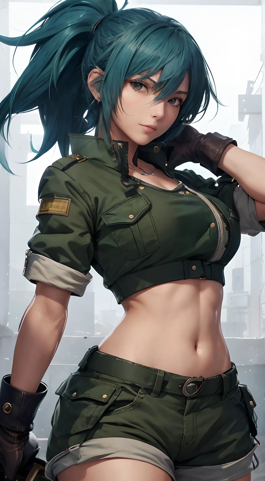 Masterpiece artwork,, best qualityer, highres, 1girl, Leona Heidern, hair blue, blue colored eyes, hypdertailed, shorts verdes, midriff, crop top, black gloves, breastsout, military dress uniform, green jacket, aretes, jewelly, へそ, breastsout grandes, tiro de cowboy, realistic