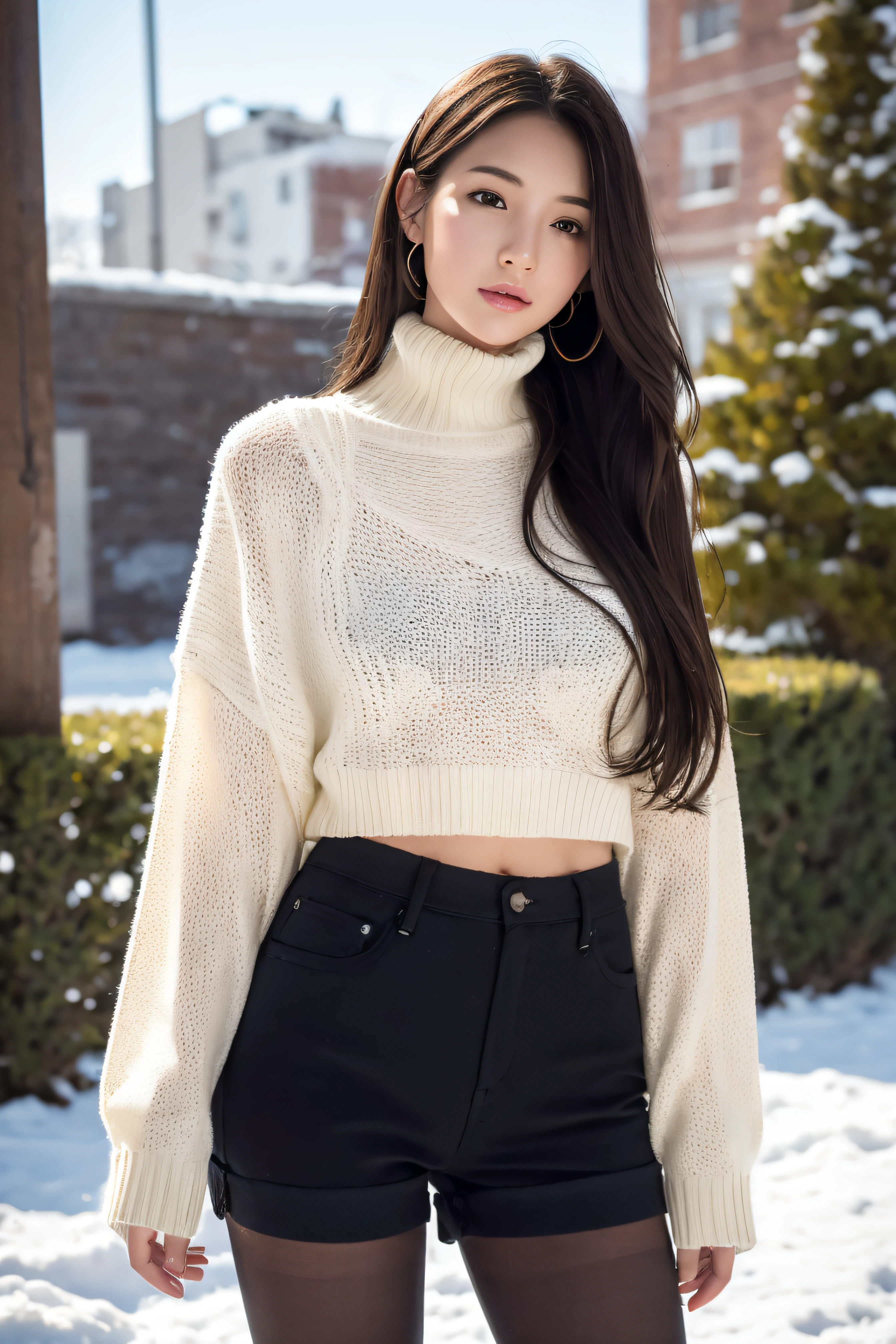 (RAW photo) Winters，snow landscape，a girl wearing an orange shoulder-length sweater and black shorts，medium breasts, long hair, lacepantyhose, white underwear, Random color，long sweater，depth of fields，Real light，Ray traching，OC renderer，UE5 renderer，Hyper-realistic，best qualtiy，8K，Works of masters，super-fine，Detailed pubic hair，Correct anatomy.