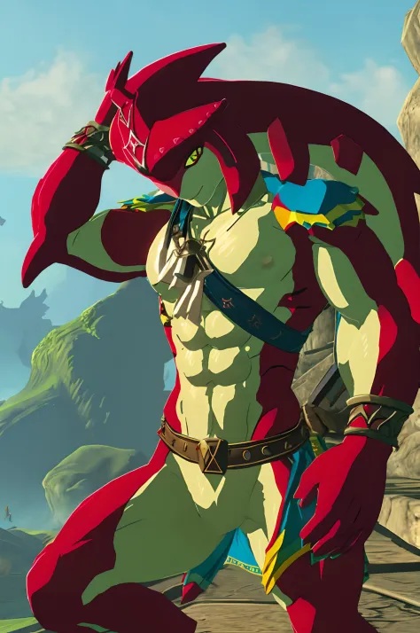 The Legend of Zelda, Link, anthro dolphin, zora link, masculine body, Muscular body, Imposing body, Imposing appearance, muscular arms, muscular legs, only body, trapezoid torso, sturdy body, muscular body, defined round and fleshy pecs, defined washboard ...