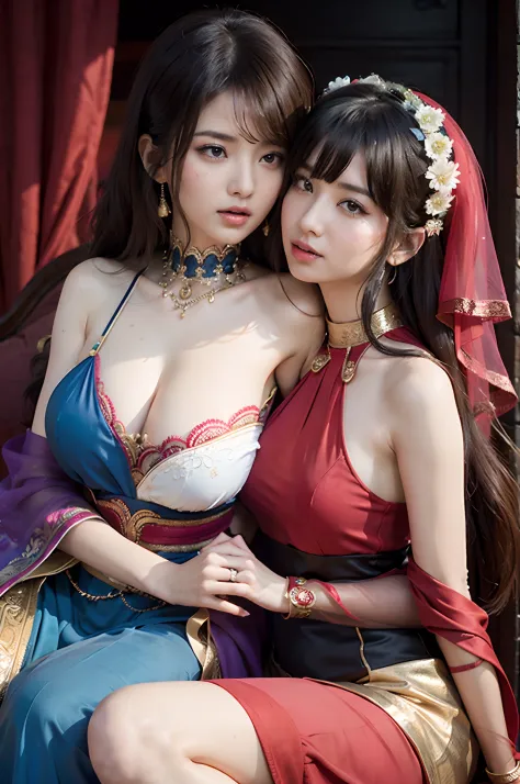 a couple of lesbians,Woman in red Lehenga, Sitting on the lap of a woman in a blue harem costume, making out, agressive,(Realisticity: 1.2), Best quality,(Urzang-6500-V1.3,PureFace_V1,rendering by octane)