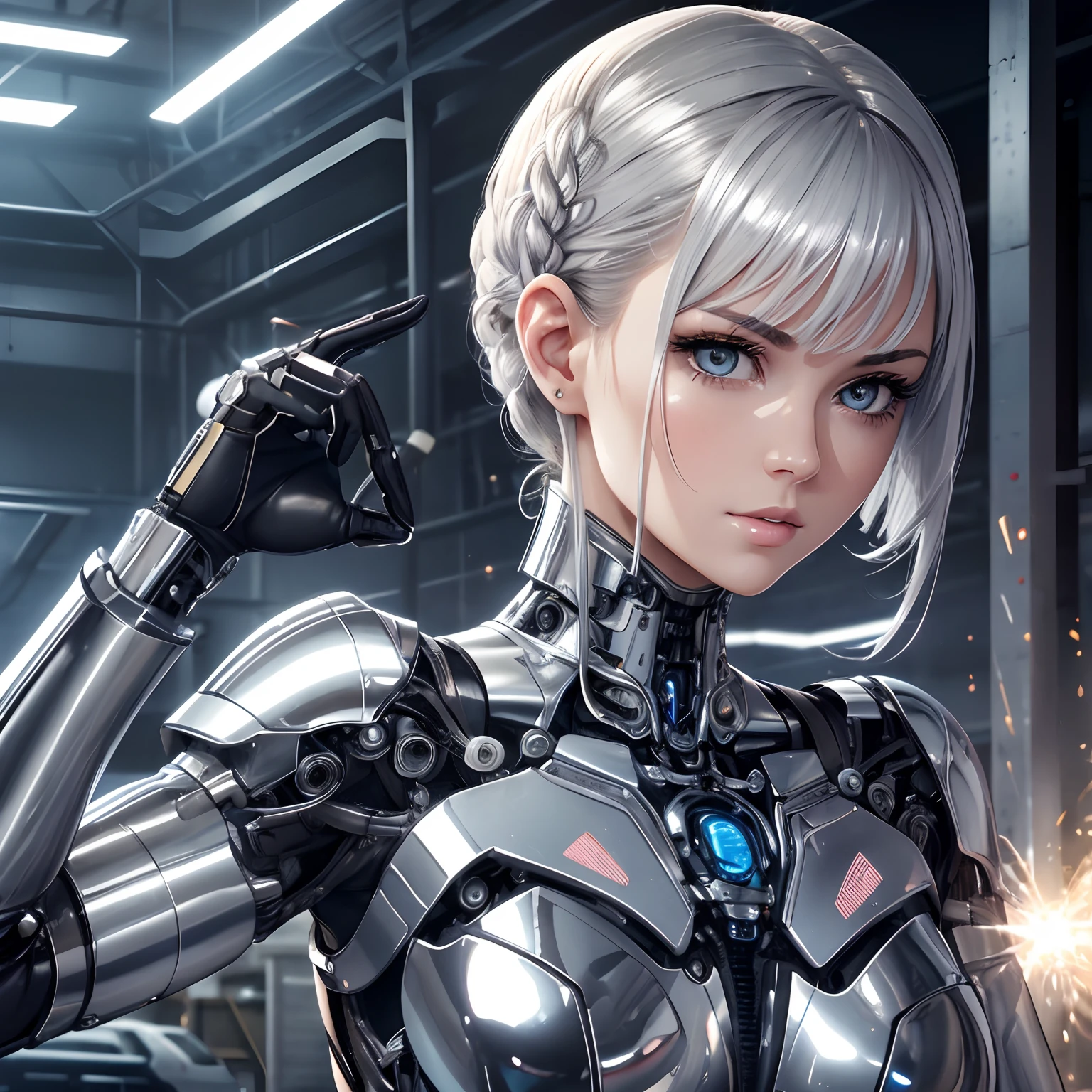 finest image, portrait, detailed and delicate depiction, the face is human and the body is chrome plated mechanical parts sexy beautiful cute android cyborg female is working on replacing her abdominal parts, light silver glossy braided bangs short hair, precise and detailed parts, sparks fly, background, warehouse, repair plant, spark, professional lighting