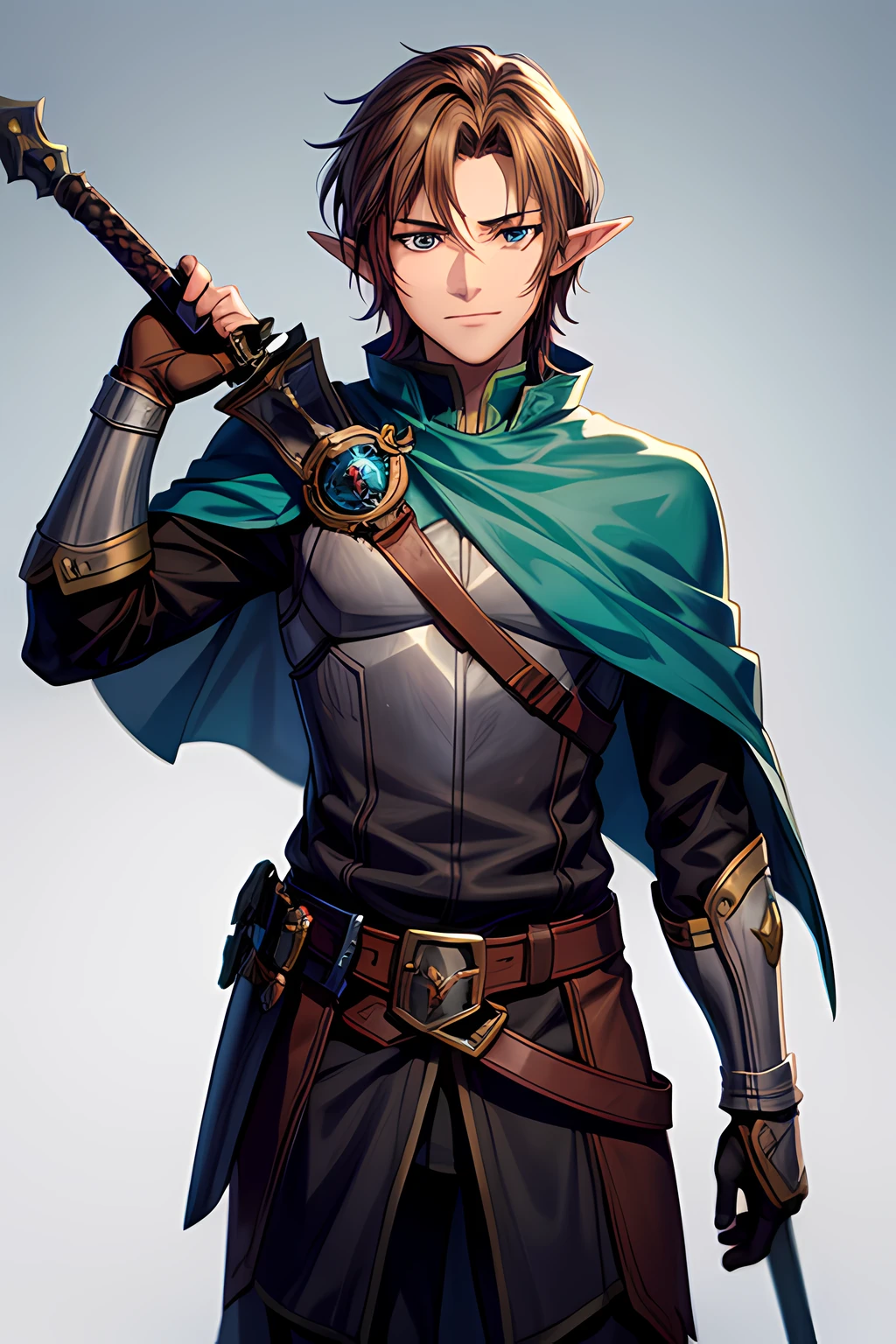 high detailed half-elf male, elf, brown_hair messy_hair smiling_face, green_eyes, scar_across_eye, pointed_ears, tan, armor breastplate blue_cape, leather_gloves, belt, belt_pounch, sword, sheath, paladin knight, simple_background, male_focus cowboy_shot solo, final fantasy tactics, jrpg, demacia, vox machina style