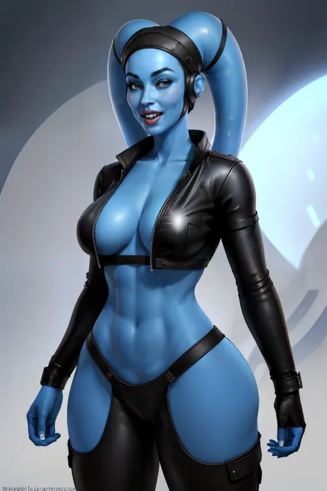 blue skin, twilek, piloting ship, pilot looking up, perspective, dynamic pose, large breasts, detailed face and eyes, upper body, detailed background, ship, open jacket, white tanktop, black leather jacket, highly detailed, best quaility, high resolution, ...