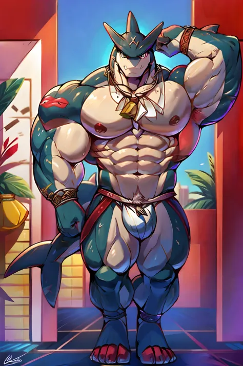 Sidonmasculine body, Muscular body, Imposing body, Imposing appearance, muscular arms, muscular legs, only body, trapezoid torso, sturdy body, muscular body, defined round and fleshy pecs, defined washboard ABS, defined arms, defined legs, anthro shark,
